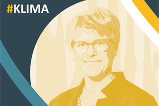 Veronika Grimm unter gelbem Overlay in einer Vignette auf dunkelblauem Hintergrund mit Kreissegmenten. Text: "#KLIMA"