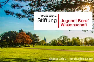 View from under a tree through which the sun shines over a large meadow in a park. Cologne Cathedral in the distance. The logo of the RheinEnergie Stiftung Jugend, Beruf, Wissenschaft in the upper right quarter.